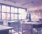  absurdres bad_id bad_pixiv_id blue_eyes braid chair chalkboard cherry_blossoms classroom desk diploma graduation highres ia_(vocaloid) indoors long_hair necktie petals school_desk sitting solo susie_481 twin_braids vocaloid window 