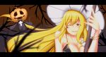  \m/ bikini_top blonde_hair blush bracelet breasts broom cleavage facial_mark hair_ribbon hat jewelry kirisame_marisa large_breasts letterboxed long_hair notya older one_eye_closed pumpkin ribbon smile solo star touhou witch_hat yellow_eyes 