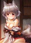  ahoge animal_ears blush breasts cleavage grey_hair inubashiri_momiji kei_kei large_breasts looking_at_viewer off_shoulder red_eyes short_hair sitting smile solo sweat tail touhou wolf_ears wolf_tail 