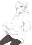  1girl :d commentary_request folded_ponytail glasses greyscale grin hand_in_pocket hi_iro hood hood_down hoodie hoodie_lift lifted_by_self long_sleeves looking_at_viewer monochrome one_eye_closed open_mouth original pantyhose shorts simple_background smile solo standing white_background 