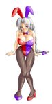  blue_eyes blush bow bowtie braid breasts bunnysuit cleavage grey_legwear high_heels jingoro large_breasts leotard long_hair open_mouth pantyhose purple_leotard red_leotard shoes silver_hair sitting smile solo touhou very_long_hair wrist_cuffs yagokoro_eirin 