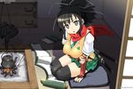  asuka_(senran_kagura) black_hair black_legwear breasts character_name copyright_name fire highres kimura_shigetaka medium_breasts open_mouth plaid plaid_skirt scroll seiza senran_kagura senran_kagura_shoujo-tachi_no_shin'ei sitting skirt sweater_vest sword teapot thighhighs weapon 