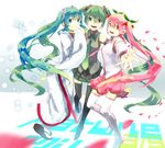  3girls bad_id bad_pixiv_id black_footwear boots character_name detached_sleeves green_eyes green_hair hatsune_miku headphones japanese_clothes kimono long_hair multiple_girls necktie open_mouth outstretched_arm petals pietani397 pink_hair red_eyes sakura_miku skirt snowflakes thighhighs twintails very_long_hair vocaloid yuki_miku 