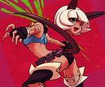  animal_ears ass back bare_shoulders bell bell_collar belt blue_eyes bob_cut breasts cat_ears cat_tail collar dark_skin disembodied_head fang fingerless_gloves fingernails gloves knee_pads medium_breasts midriff ms._fortune_(skullgirls) pouch red_background scar sharp_fingernails shimomoto short_hair skullgirls solo tail underboob white_hair 