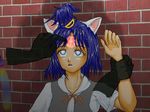  1girl against_wall animal_ears arm_grab artist_request blue_eyes blue_hair collarbone fangs hair_ornament hairclip hypnosis mind_control short_hair wall writing 