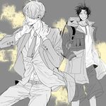  2boys alternate_costume backpack bag belt formal freckles hair_over_one_eye hands_in_pockets male male_focus monochrome multiple_boys necktie one_piece portgas_d_ace sanji smile smoking suit tang_(sunnyty) 