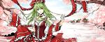  bad_id bad_pixiv_id bow cherry_blossoms dress fancybetty frills front_ponytail green_eyes green_hair hair_bow kagiyama_hina long_hair looking_at_viewer ribbon solo touhou 