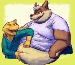  anthro arm_around_shoulders belly belly_grab belly_overhang belly_pinch big_belly brown_eyes brown_fur canine clothed clothing clothing_lift duo fur hand_on_stomach male mammal moobs obese obese_male one_eye_closed open_mouth open_smile orange_scales overweight overweight_male reptile scales scalie shirt shirt_lift simple_background smile tan_fur teeth tongue whuntmore wolf 