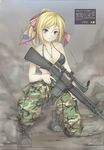  1girl absurdres american_flag bare_shoulders bikini_top blonde_hair blue_eyes boots breasts cleavage flag_print gun hair_ornament highres kneeling long_hair looking_at_viewer military ponytail serious solo translation_request weapon 