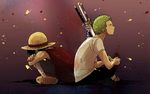  2boys back-to-back back_to_back black_hair black_pants boots embers green_hair hat indian_style male male_focus monkey_d_luffy multiple_boys one_piece pants red_vest roronoa_zoro sandals sheath sheathed shirt sitting straw_hat sword t-shirt vest weapon 