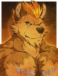  anthro black_nose blonde_hair brown_fur brown_nose canine chest_tuft fangs fur green_eyes hair hyena looking_at_viewer male mammal muscles pecs plain_background portrait pose smile solo teeth topless tuft yellow_fur 