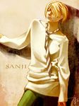  blonde_hair character_name green_pants hair_over_one_eye highres male male_focus necktie one_piece one_piece:_strong_world pants sanji solo striped striped_necktie sweater 