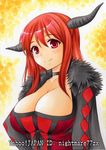  argyle artist_name breasts choker cleavage dress fake_horns fur_trim large_breasts long_hair maou_(maoyuu) maoyuu_maou_yuusha nightmare77zx red_eyes red_hair ribbon smile solo traditional_media 