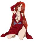  1girl breasts cleavage elbow_gloves fairy_tail feet flare_corona gloves hair_over_one_eye large_breasts long_hair red_eyes red_hair scar solo tattoo tattooed_breast very_long_hair 