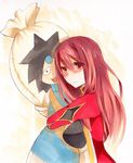  blush breasts dakimakura_(object) dress hug large_breasts long_hair maou_(maoyuu) maoyuu_maou_yuusha pillow red_eyes red_hair sena822 solo traditional_media yuusha_(maoyuu) 