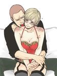  1girl bad_id bad_pixiv_id bare_shoulders black_legwear black_panties blonde_hair blue_eyes blush breast_squeeze breasts camisole cleavage embarrassed full-face_blush garter_straps hug hug_from_behind jake_muller large_breasts niisan_alpha panties resident_evil resident_evil_6 scar sherry_birkin short_hair tears thighhighs underwear 