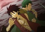  2boys back-to-back back_to_back black_hair fighting_stance green_hair hat male male_focus monkey_d_luffy multiple_boys one_piece open_clothes red_vest rereren robe roronoa_zoro scar stampede_string straw_hat vest 