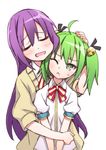  ;&lt; ahoge bad_id bad_pixiv_id bell blush cardigan cheek_press closed_eyes gj-bu green_eyes green_hair hair_bell hair_ornament hair_ribbon hand_on_another's_head hug hug_from_behind jingle_bell kannazuki_tamaki long_hair matsuryuu multiple_girls one_eye_closed open_mouth purple_hair ribbon school_uniform simple_background sumeragi_shion sweatdrop tsurime twintails white_background 