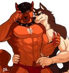  anthro biceps big_muscles black_nose blue_eyes brown_fur bulge canine claws collar couple dog drks duo fangs flexing fur gay german_shepherd gripping hat holding hug_from_behind husky jockstrap male mammal muscles nude open_mouth orange_fur pawpads paws pecs pose red_eyes speedo standing swimsuit toned tongue topless underwear white_fur wolf 