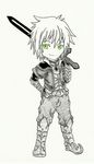  1boy armor chibi green_eyes male male_focus mirage_noir monochrome solo sword vesper vesper_(mirage_noir) weapon white_hair 