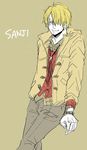  1boy alternate_costume blonde_hair bolo_tie character_name collared_shirt hair_over_one_eye highres jacket male male_focus one_piece p_(nukumise) pinstripe_pattern pixiv_manga_sample resized sanji shirt solo 