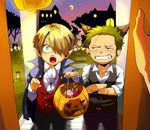 2boys alternate_costume animal_costume animal_ears blonde_hair candy cape child cravat crossed_arms green_hair hair_over_one_eye halloween hy male male_focus moon multiple_boys night one_piece roronoa_zoro sanji vampire_costume waistcoat wolf_costume wolf_ears young younger 
