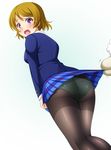  :o alpaca ass blazer brown_hair crotch_seam highres jacket koizumi_hanayo looking_back love_live! love_live!_school_idol_project narutaki_shin open_mouth otonokizaka_school_uniform panties panties_under_pantyhose pantyhose plaid plaid_skirt school_uniform skirt solo underwear white_background 