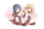  black_legwear blonde_hair blue_hair braid brown_eyes furutani_himawari gift hair_intakes hairband long_sleeves multiple_girls nanamori_school_uniform oomuro_sakurako school_uniform serafuku short_over_long_sleeves short_sleeves sitting toma_(shinozaki) twin_braids yuru_yuri 