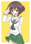  akiyama_yukari bangs blouse brown_eyes brown_hair cowboy_shot girls_und_panzer green_skirt kyoukya_(kyouya02) long_sleeves looking_at_viewer messy_hair miniskirt neckerchief ooarai_school_uniform open_mouth pleated_skirt salute school_uniform serafuku short_hair skirt smile solo standing uniform white_blouse yellow_background 