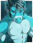 abs aluminemsiren anthro biceps black_hair black_horns blue_body blue_dragon blue_eyes blue_hair blue_skin dragon frown hair horn looking_at_viewer male muscles pecs portrait pose rape_face scales scalie schism solo toned topless white_hair 