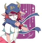  baseball_cap baseball_jersey buffalo_bell clothes_writing hat horns mascot nippon_professional_baseball orix_buffaloes pink_hair red_eyes scarf skirt so_ryou solo 