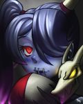  bad_id bad_pixiv_id blue_hair blue_skin blush face hair_over_one_eye leviathan_(skullgirls) long_hair maro_bee red_eyes side_ponytail skullgirls solo squigly_(skullgirls) stitched_mouth stitches striped_sleeves zombie 