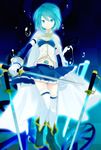  bad_id bad_pixiv_id blue_eyes blue_hair blurry bubble cape checkered checkered_background frills gloves magical_girl mahou_shoujo_madoka_magica miki_sayaka pleated_skirt short_hair skirt smile solo sword thighhighs tori_(otori) weapon wheel white_legwear 