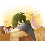  &gt;_&lt; ahiru ahiru_(duck) ahoge bad_id bad_pixiv_id beak_hold bird black_shirt blanket book candlestand chair closed_eyes covering_with_blanket desk duck dutch_angle eloosia fakir flying_sweatdrops green_hair head_rest holding inkwell low_ponytail princess_tutu quill shirt short_sleeves sitting sleeping torn_clothes torn_sleeves upper_body 