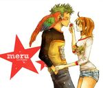  1boy 1girl bird cactus denim denim_shorts food fruit green_hair meru90 nami nami_(one_piece) one_piece orange_hair parrot raglan_sleeves roronoa_zoro shirt shorts shoulder_perch star_(symbol) strawberry yellow_shirt 