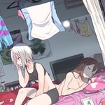  after_sex alternate_hairstyle bed bike_shorts blue_eyes bookshelf breasts brown_hair clock closed_eyes clothesline digital_clock drooling drying drying_clothes freckles hair_bobbles hair_down hair_ornament hair_ornament_removed homika_(pokemon) kawaisou large_breasts laundry long_hair lying mei_(pokemon) multiple_girls nude open_mouth panties pillow pokemon pokemon_(game) pokemon_bw2 poster_(object) saliva short_hair silver_hair sitting sleeping sports_bra tissue_box underwear used_tissue yuri 