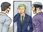  3boys black_hair earrings formal green_hair hand_on_own_face headband jewelry johnny_(one_piece) male male_focus multiple_boys necktie one_piece roronoa_zoro sunglasses trio yosaku yosaku_(one_piece) 