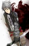  1boy armor blood green_eyes male male_focus mirage_noir solo sword vesper vesper_(mirage_noir) weapon white_hair 