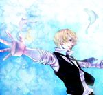  1boy black_necktie black_vest blonde_hair collared_shirt fish hair_over_one_eye male male_focus necktie one_piece open_clothes open_vest outstretched_arms pixiv_thumbnail resized sanji shirt smile solo soopoo spread_arms vest waistcoat white_shirt 