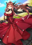 ahoge bad_id bad_pixiv_id breasts brown_hair choker cleavage dress highres horns large_breasts long_hair looking_at_viewer maou_(maoyuu) maoyuu_maou_yuusha outstretched_arm red_dress red_eyes smile solo yutazou 