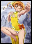  alternate_costume armpits bare_legs blush bow brown_eyes brown_hair cameltoe china_dress chinese_clothes cleavage_cutout dokidoki!_precure double_bun dress eyelashes grey_background highres mameshiba panties precure shiny shiny_skin shoes short_hair short_twintails side_slit smile solo standing standing_on_one_leg twintails underwear white_panties yotsuba_alice 
