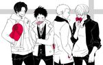  alternate_costume candy crossed_arms hair_over_one_eye hands_in_pockets heart hood hoodie jacket male male_focus monkey_d_luffy mouth_hold multiple_boys necktie one_piece portgas_d_ace roronoa_zoro sanji scar scarf soredemoasahayattekuru spot_color sweater valentine 