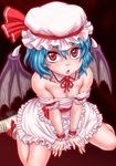  bare_shoulders bat_wings blue_hair boots bow dress flat_chest frilled_dress frills hat hat_ribbon lips looking_up mami10 parted_lips red_bow red_eyes red_ribbon remilia_scarlet ribbon shoe_bow shoes sitting slit_pupils solo touhou wariza wings wrist_cuffs 