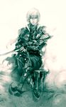  1boy armor highres male male_focus mirage_noir monochrome sitting solo sword vesper vesper_(mirage_noir) weapon white_hair 