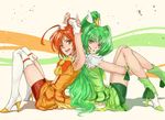  armpits bike_shorts boots choker cure_march cure_sunny green_eyes green_hair green_shorts green_skirt hino_akane_(smile_precure!) magical_girl midorikawa_nao multiple_girls orange_choker orange_eyes orange_hair orange_skirt ponytail precure red_shorts short_hair shorts shorts_under_skirt sitting skirt smile smile_precure! thigh_boots thighhighs white_legwear yamaishi_(mukoubuti) 