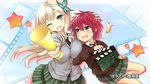  2girls ;d aqua_eyes artist_name blonde_hair boku_wa_tomodachi_ga_sukunai breast_press breasts butterfly_hair_ornament cardigan checkered checkered_skirt clapperboard end_card fang film_strip hair_ornament kashiwazaki_sena long_hair long_sleeves looking_at_viewer megaphone multiple_girls necktie non-web_source one_eye_closed open_mouth outline purple_eyes red_hair school_uniform screencap skirt smile st._chronica_academy_uniform star starry_background sweatdrop uruu_gekka yusa_aoi 