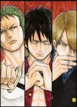  3boys black_hair blonde_hair blue_shirt cigarette clenched_hand earrings fist green_hair hair_over_one_eye jewelry katana male male_focus monkey_d_luffy multiple_boys one_piece open_clothes pixiv_thumbnail red_vest resized roronoa_zoro sanji serious shirt smoking sword trio vest weapon white_shirt 