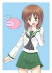  anglerfish bangs blouse brown_eyes brown_hair cowboy_shot emblem girls_und_panzer green_skirt kyoukya_(kyouya02) long_sleeves looking_at_viewer miniskirt neckerchief nishizumi_miho ooarai_school_uniform open_mouth pleated_skirt school_uniform serafuku short_hair skirt solo standing uniform white_blouse 