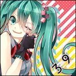  39 ;q bad_id bad_pixiv_id crosshair em_(bycle) fingerless_gloves gloves green_eyes green_hair hatsune_miku long_hair nail_polish one_eye_closed sleeveless solo tongue tongue_out twintails vocaloid 