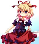  bad_id bad_pixiv_id blonde_hair blouse blue_eyes bow gradient gradient_background hair_ribbon looking_at_viewer medicine_melancholy puffy_short_sleeves puffy_sleeves ribbon scarlet_0915 short_hair short_sleeves simple_background skirt skirt_hold smile solo touhou 